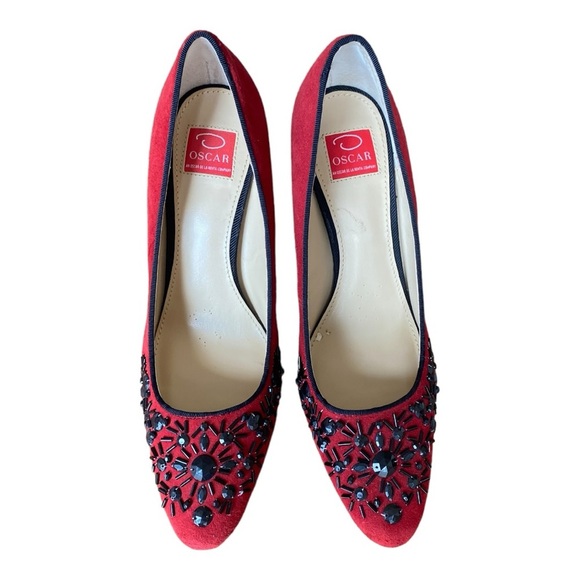 Oscar By Oscar de la Renta red Suede Embellished Pointed-Toe Pumps Size 8 - Picture 1 of 10